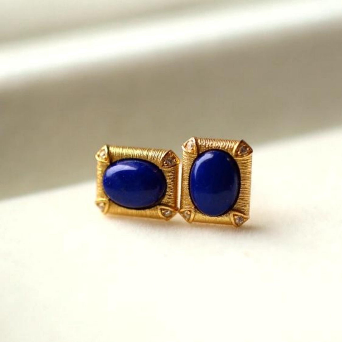 Natural Lapis lazuli Stud Earrings /Sterling 925-Silver Gold-Plated oval Lapis lazuli Studs/Customize gift box/anniversary gift/retro court