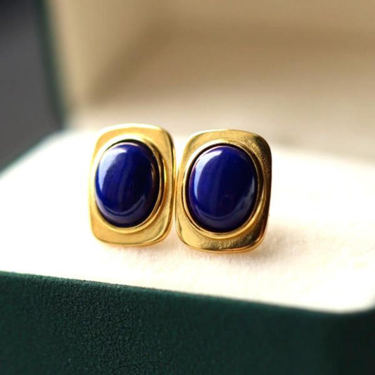 Natural Lapis lazuli Stud Earrings /Sterling 925-Silver Gold-Plated oval Lapis lazuli Studs/Customize gift box/anniversary gift/minimalist