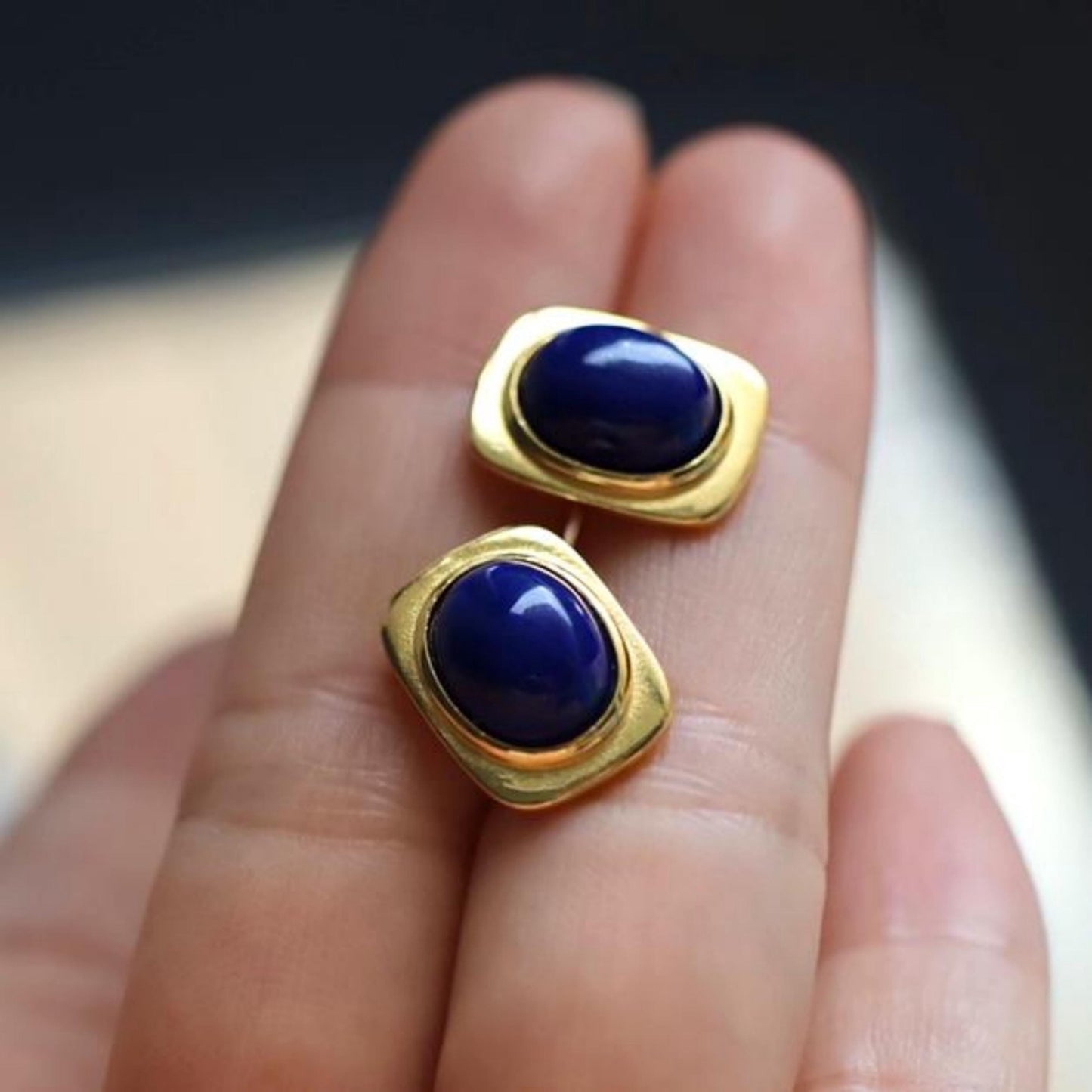 Natural Lapis lazuli Stud Earrings /Sterling 925-Silver Gold-Plated oval Lapis lazuli Studs/Customize gift box/anniversary gift/minimalist