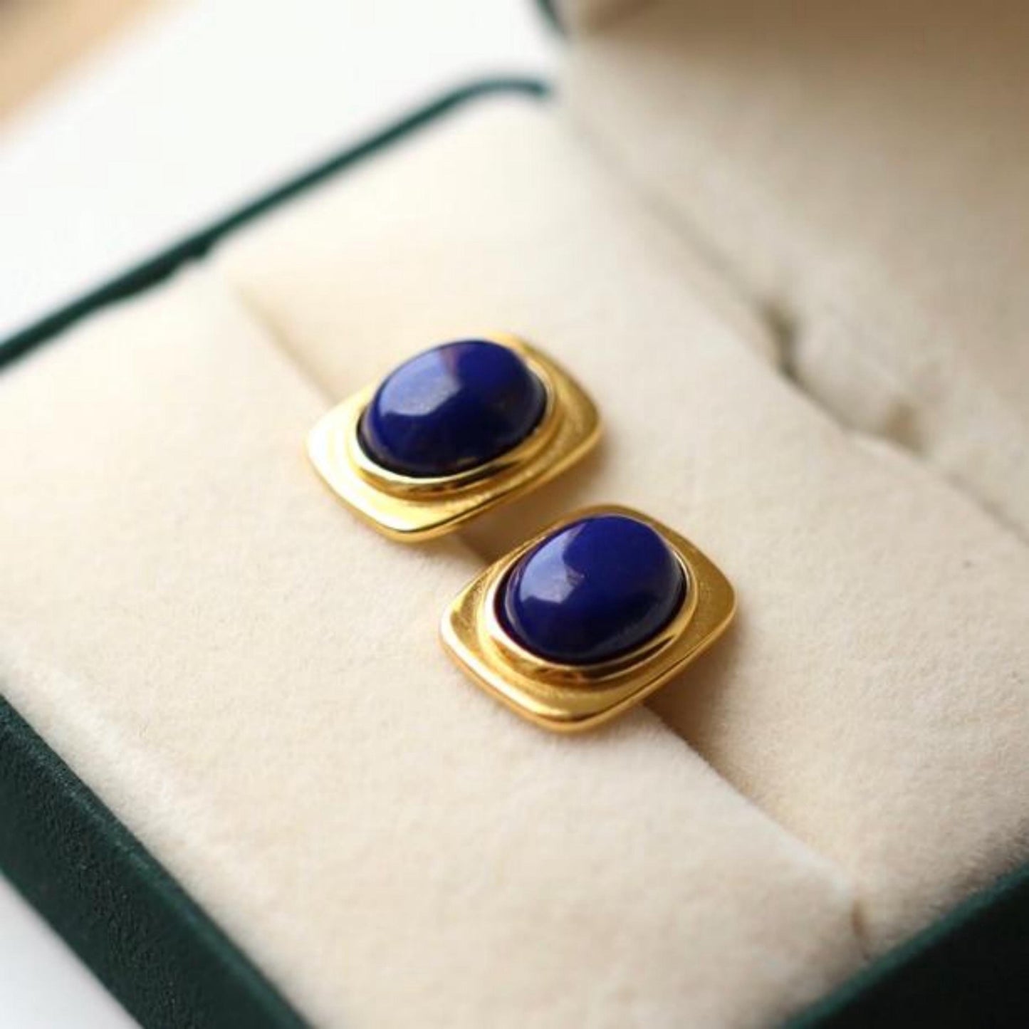 Natural Lapis lazuli Stud Earrings /Sterling 925-Silver Gold-Plated oval Lapis lazuli Studs/Customize gift box/anniversary gift/minimalist