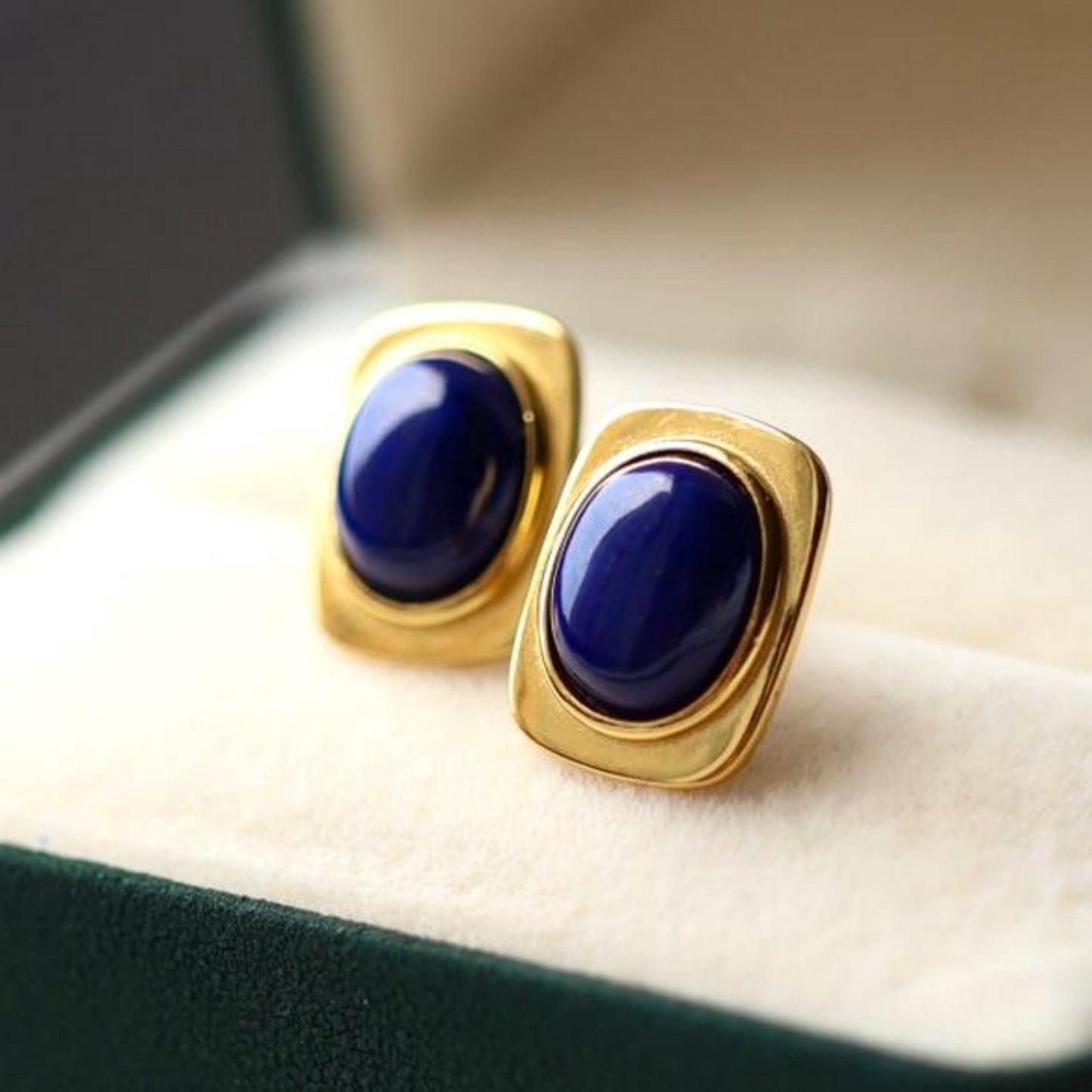 Natural Lapis lazuli Stud Earrings /Sterling 925-Silver Gold-Plated oval Lapis lazuli Studs/Customize gift box/anniversary gift/minimalist