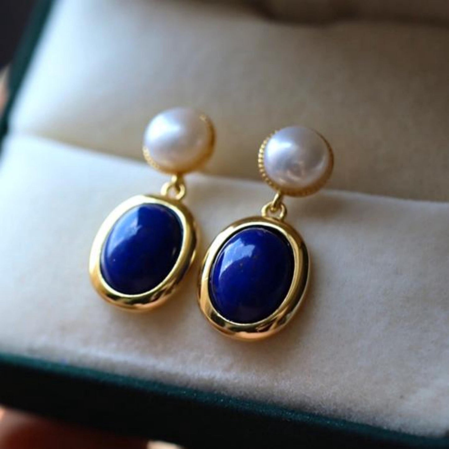 Natural Lapis lazuli dangle Earrings/Sterling 925 Silver 18k Gold-Plated Lapis lazuli drops with pearl/Customize gift box/anniversary gift