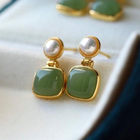 Natural green jade dangle Earrings/Sterling 925Silver 18K Gold-Plated cushion jade drops/Customize gift box/anniversary retro jade earrings