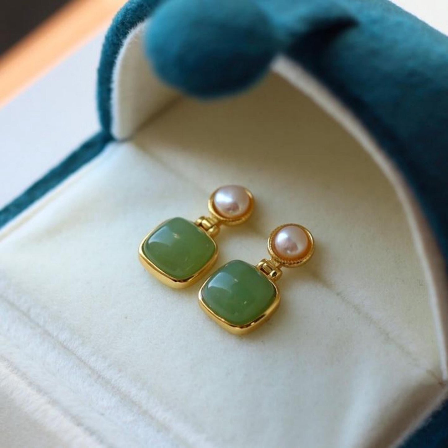 Natural green jade dangle Earrings/Sterling 925Silver 18K Gold-Plated cushion jade drops/Customize gift box/anniversary retro jade earrings