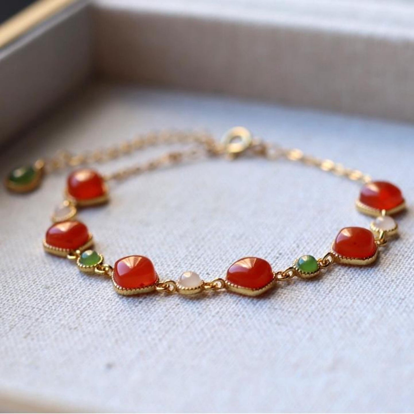 Natural red agate bracelet/Sterling 925Silver 18KGold-Plated agate  bracelet with green jade/Customize gift box/anniversary bracelet gift