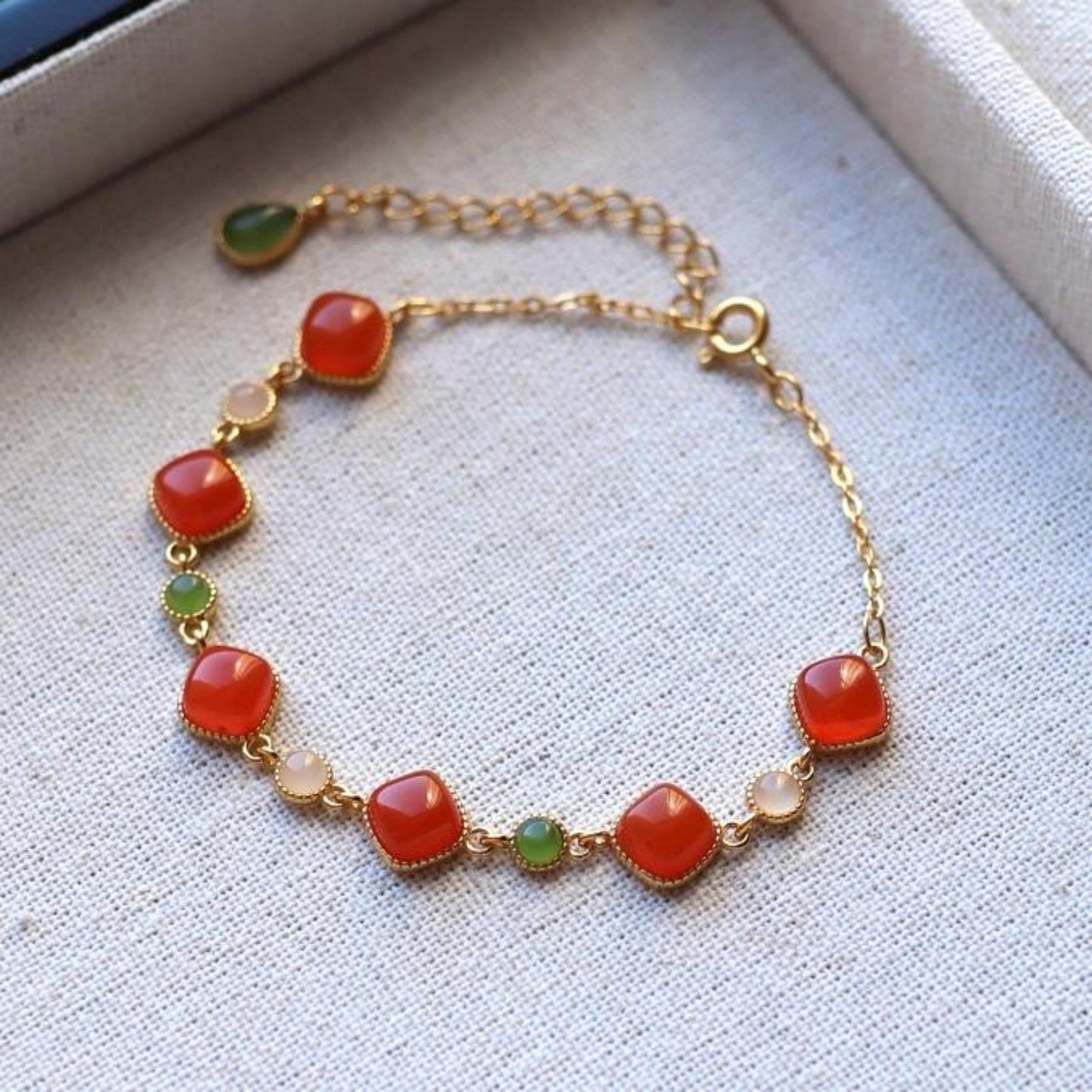 Natural red agate bracelet/Sterling 925Silver 18KGold-Plated agate  bracelet with green jade/Customize gift box/anniversary bracelet gift