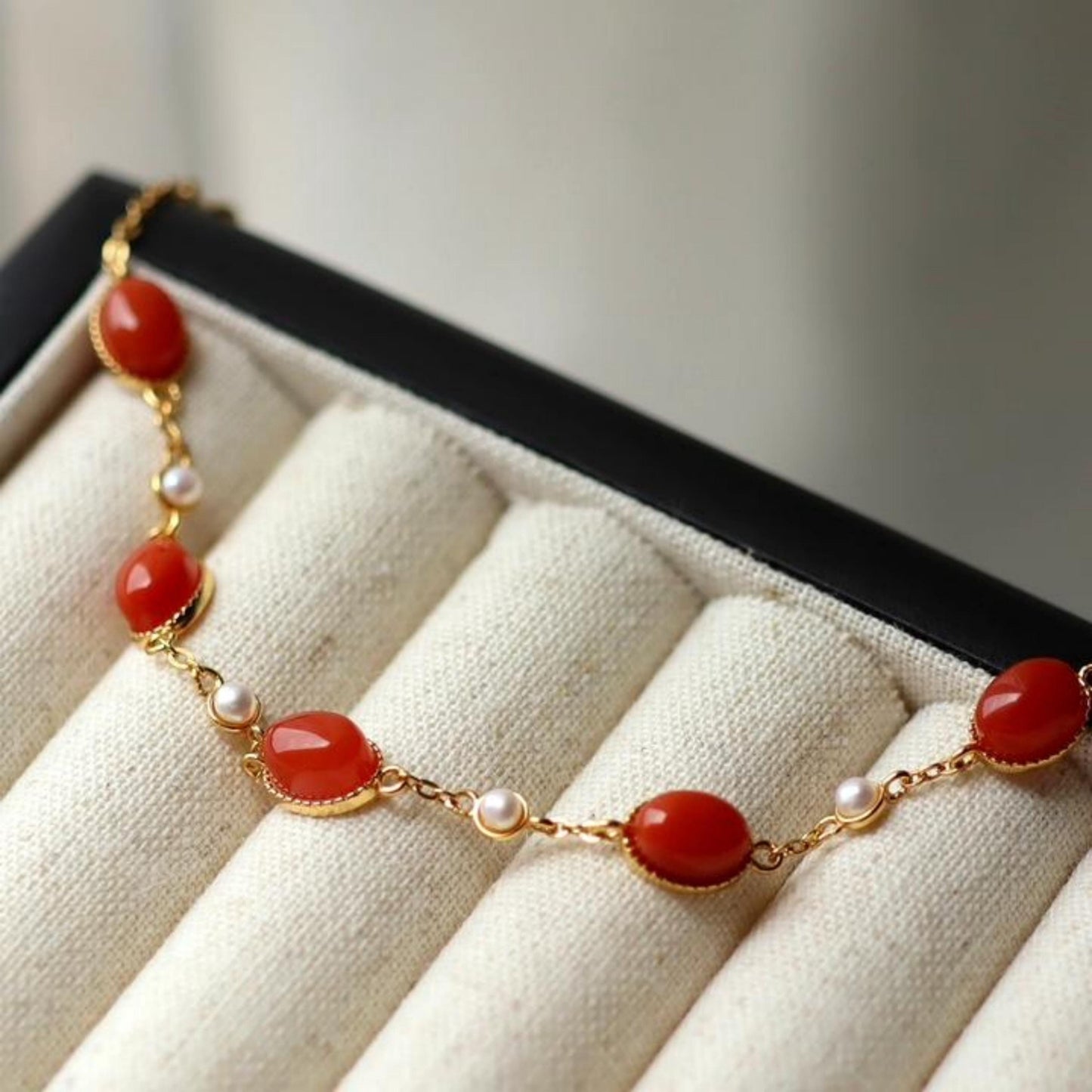 Natural red agate bracelet/Sterling 925Silver 18KGold-Plated agate  bracelet with pearls/Customize gift box/anniversary bracelet gift