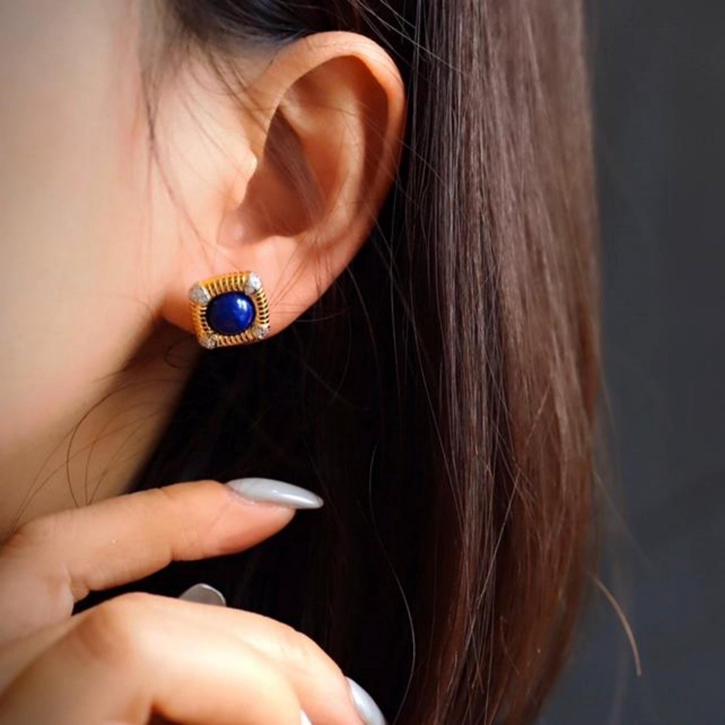 Natural Lapis lazuli Stud Earrings /Sterling 925-Silver Gold-Plated round Lapis lazuli Studs/Customize gift box/anniversary gift/retro court