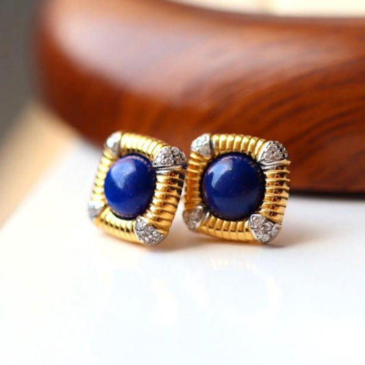 Natural Lapis lazuli Stud Earrings /Sterling 925-Silver Gold-Plated round Lapis lazuli Studs/Customize gift box/anniversary gift/retro court