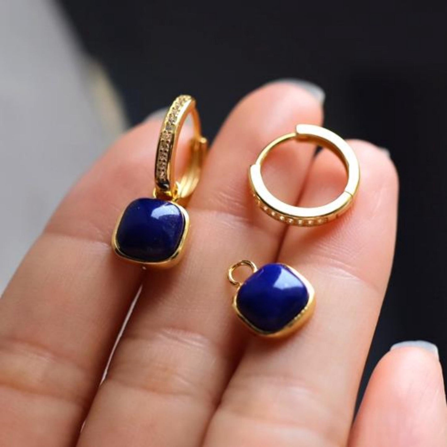 Natural Lapis lazuli dangle Earrings/Sterling 925 Silver 18k Gold-Plated Lapis lazuli drops/Customize gift box/Two ways to wear it/gift for