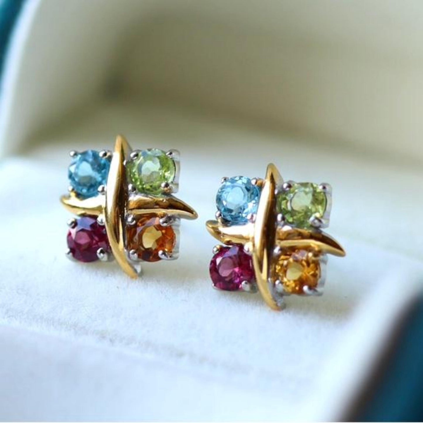 Natural rainbow tourmaline Stud Earrings/Sterling 925Silver 18K Gold-Plated tourmaline Studs/Customize gift box/October birthstone gift