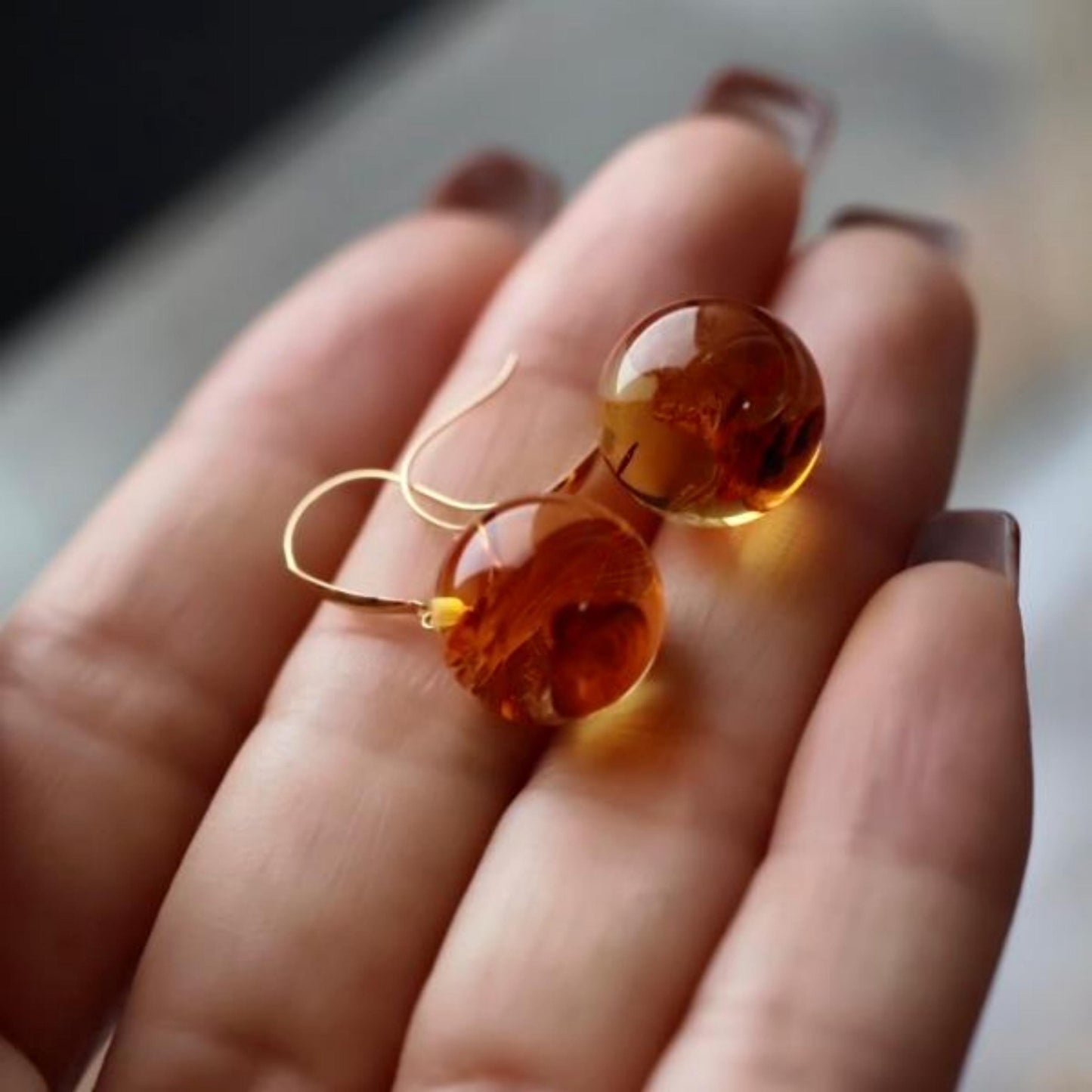 Natural Floral amber dangle Earrings /Sterling 925 Silver 18K Gold-Plated Floral amber drops/Customize gift box/anniversary gift for her