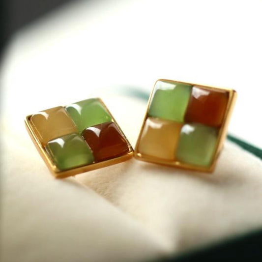 Natural rainbow jade Stud Earrings /Sterling 925 Silver 18K Gold-Plated nephrite Studs/Customize gift box/unique anniversary gift for her