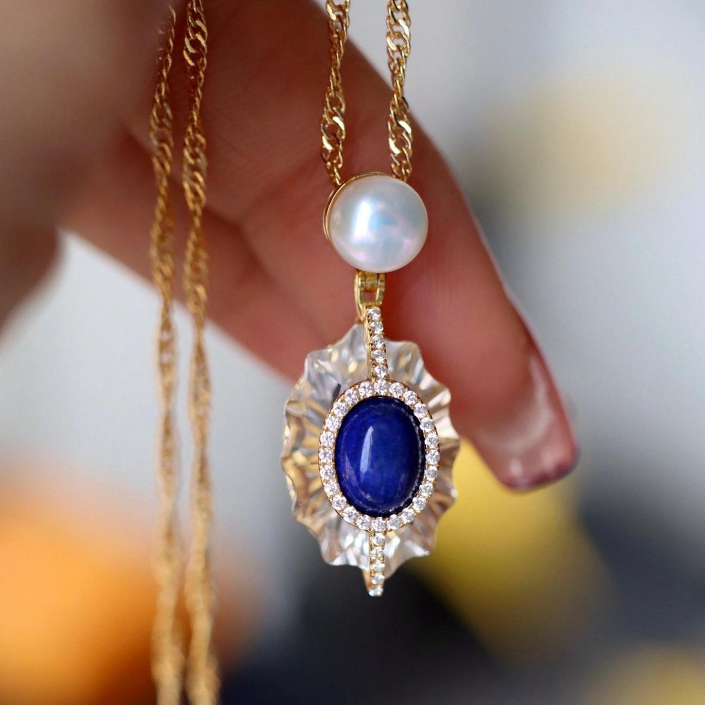 Natural Lapis lazuli pendant with White crystal/Sterling 925Silver 18KGold-Plated oval Lapis lazuli pendant/Customize gift box/anniversary