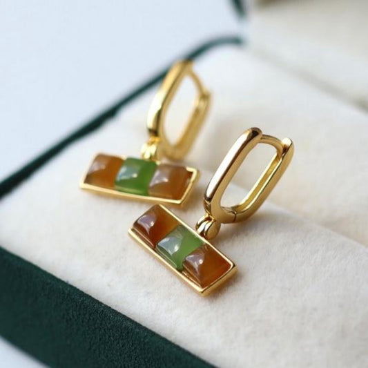 Natural rainbow jade dangle Earrings /Sterling 925 Silver 18K Gold-Plated nephrite drops/Customize gift box/unique anniversary gift for her