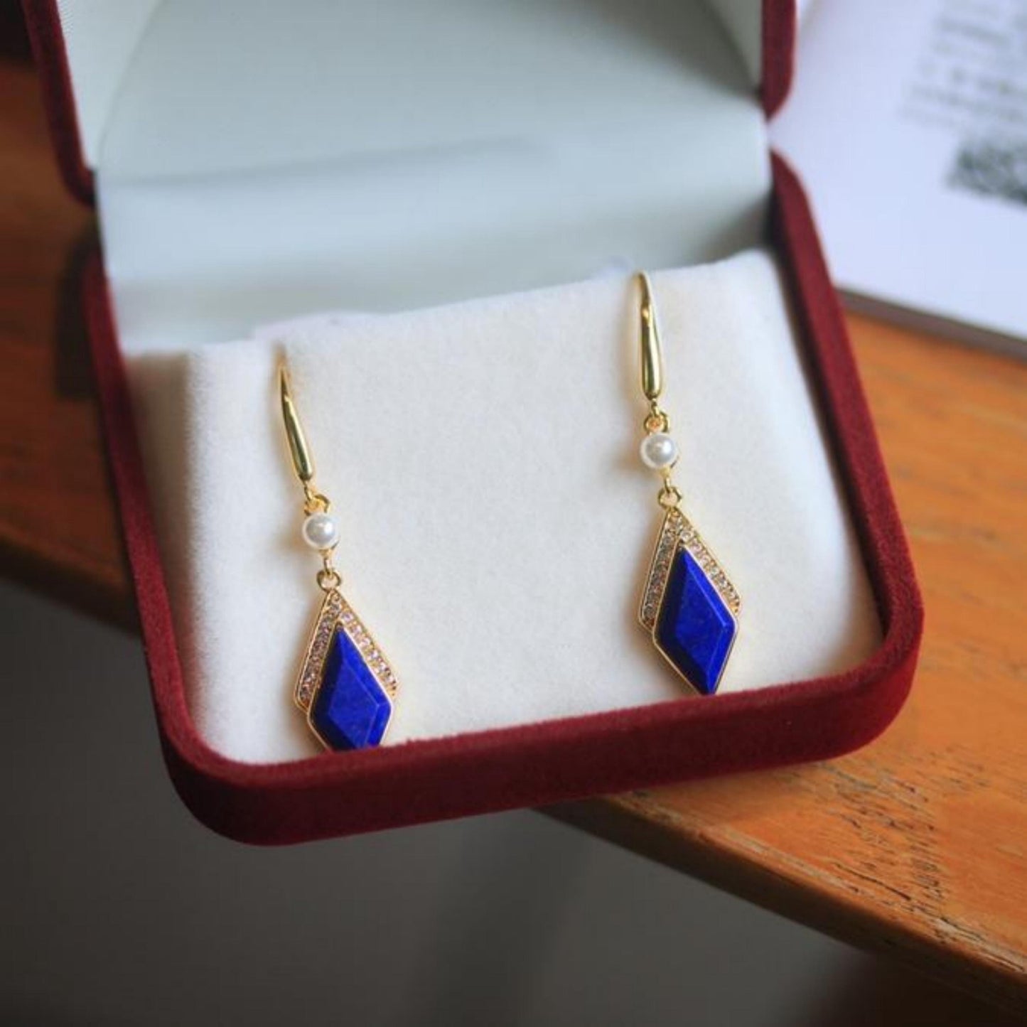 Natural Lapis lazuli dangle Earrings/Sterling 925-Silver Gold-Plated  Lapis lazuli drops/Customize gift box/Geometric Line retro Earrings