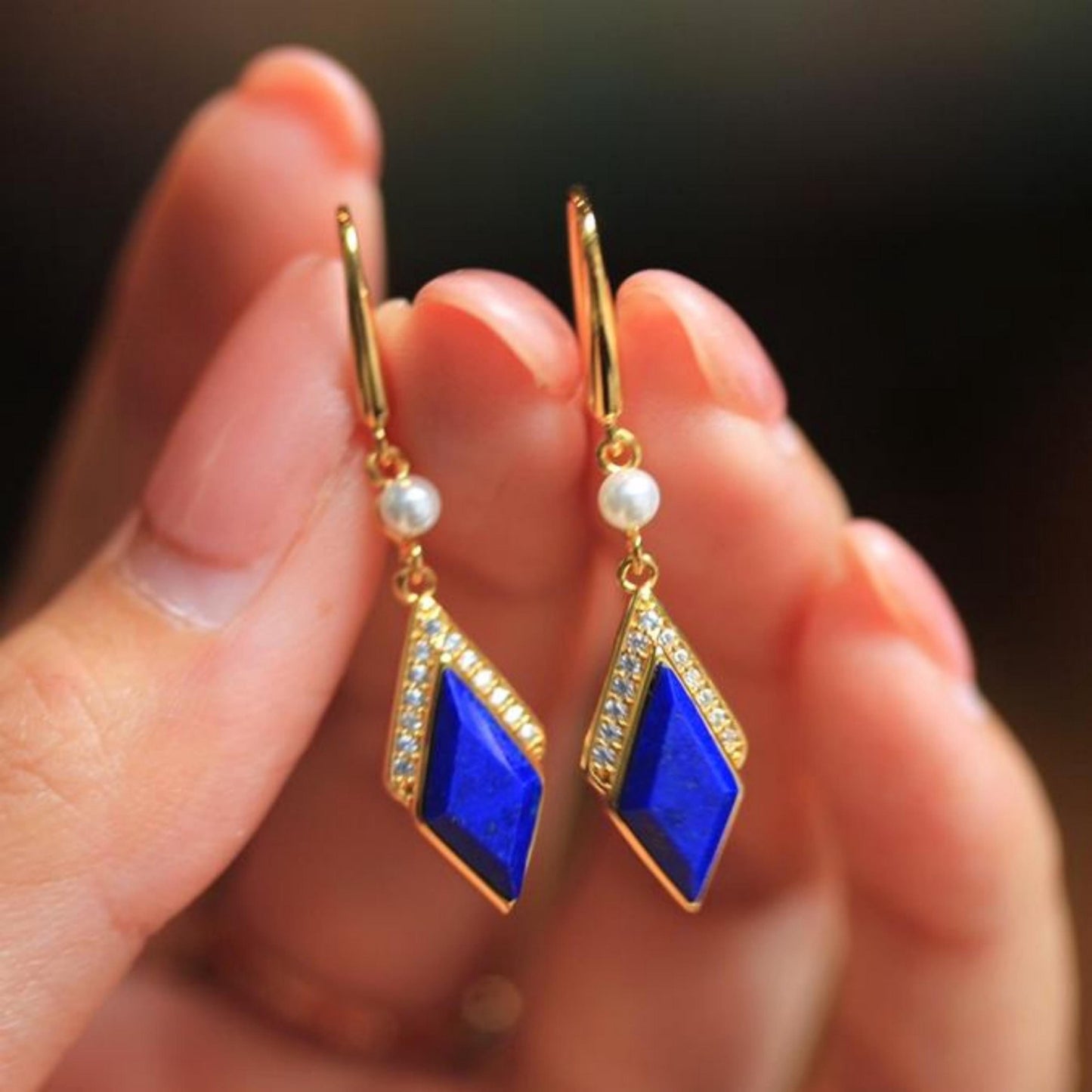 Natural Lapis lazuli dangle Earrings/Sterling 925-Silver Gold-Plated  Lapis lazuli drops/Customize gift box/Geometric Line retro Earrings