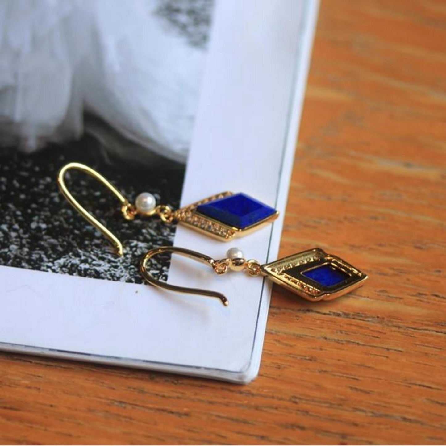 Natural Lapis lazuli dangle Earrings/Sterling 925-Silver Gold-Plated  Lapis lazuli drops/Customize gift box/Geometric Line retro Earrings