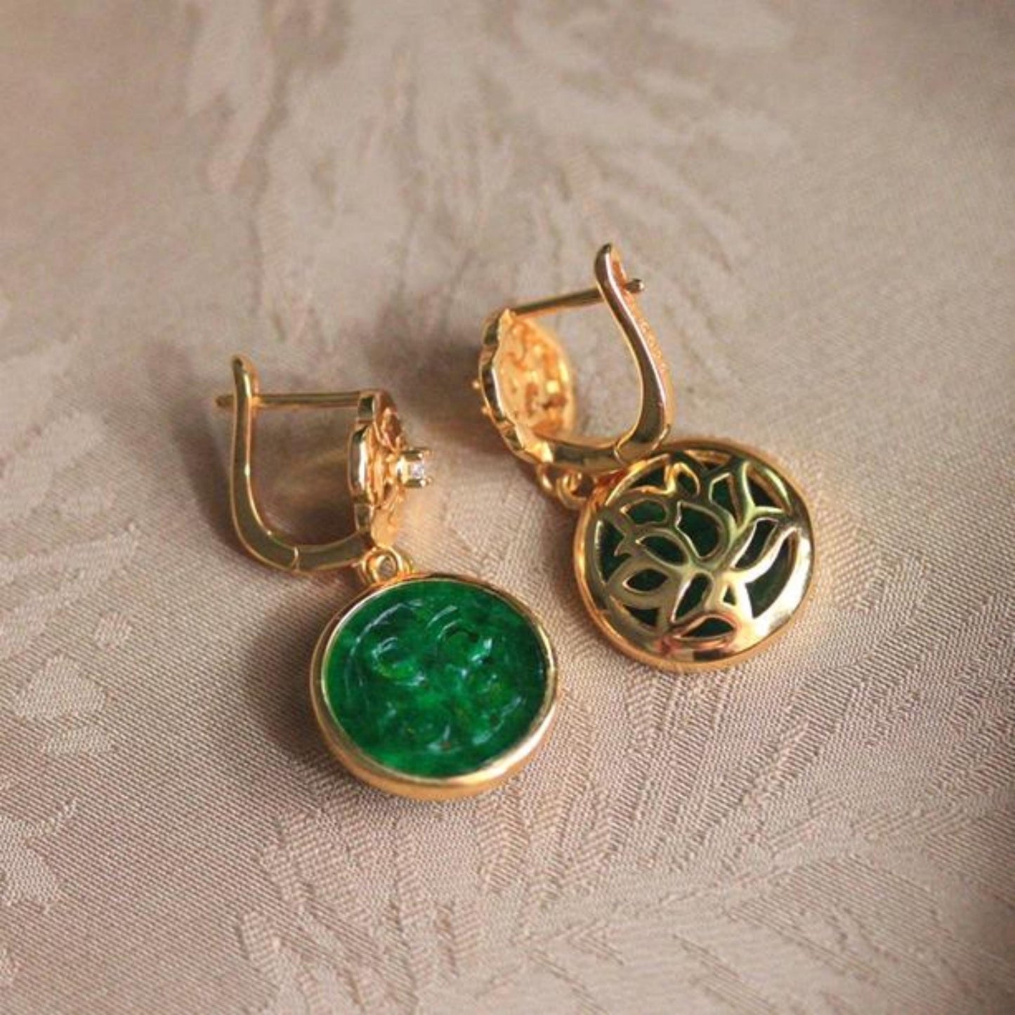 Natural green jadeite dangle Earrings /Sterling 925-Silver 18KGold-Plated jade drop/Customize gift box/anniversary Countess Flower earrings