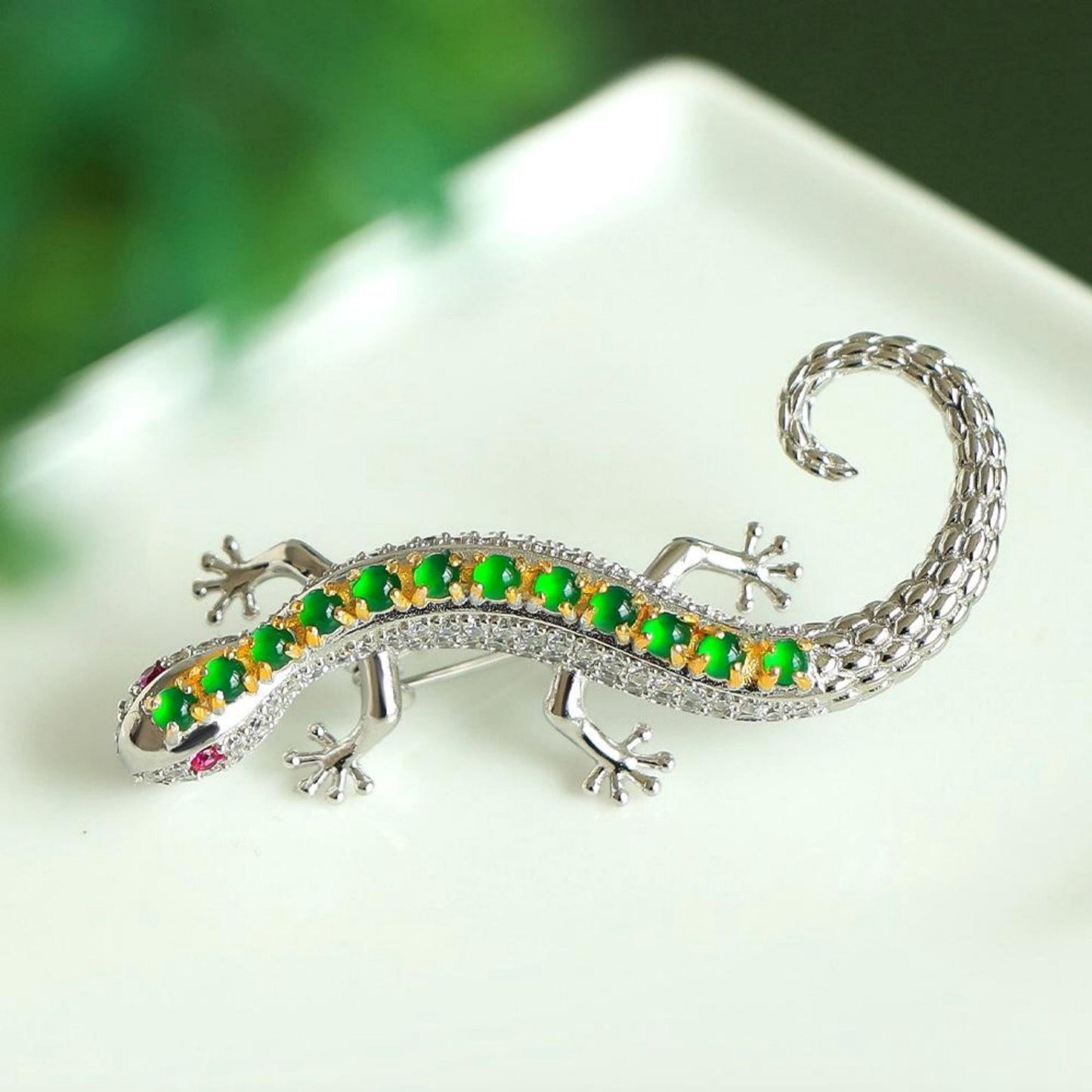 Genuine jadeite Lizard brooch/Sterling 925-Silver green jade brooch/Customize gift box/anniversary gift/pet Lizard love/Lizard pendant gift