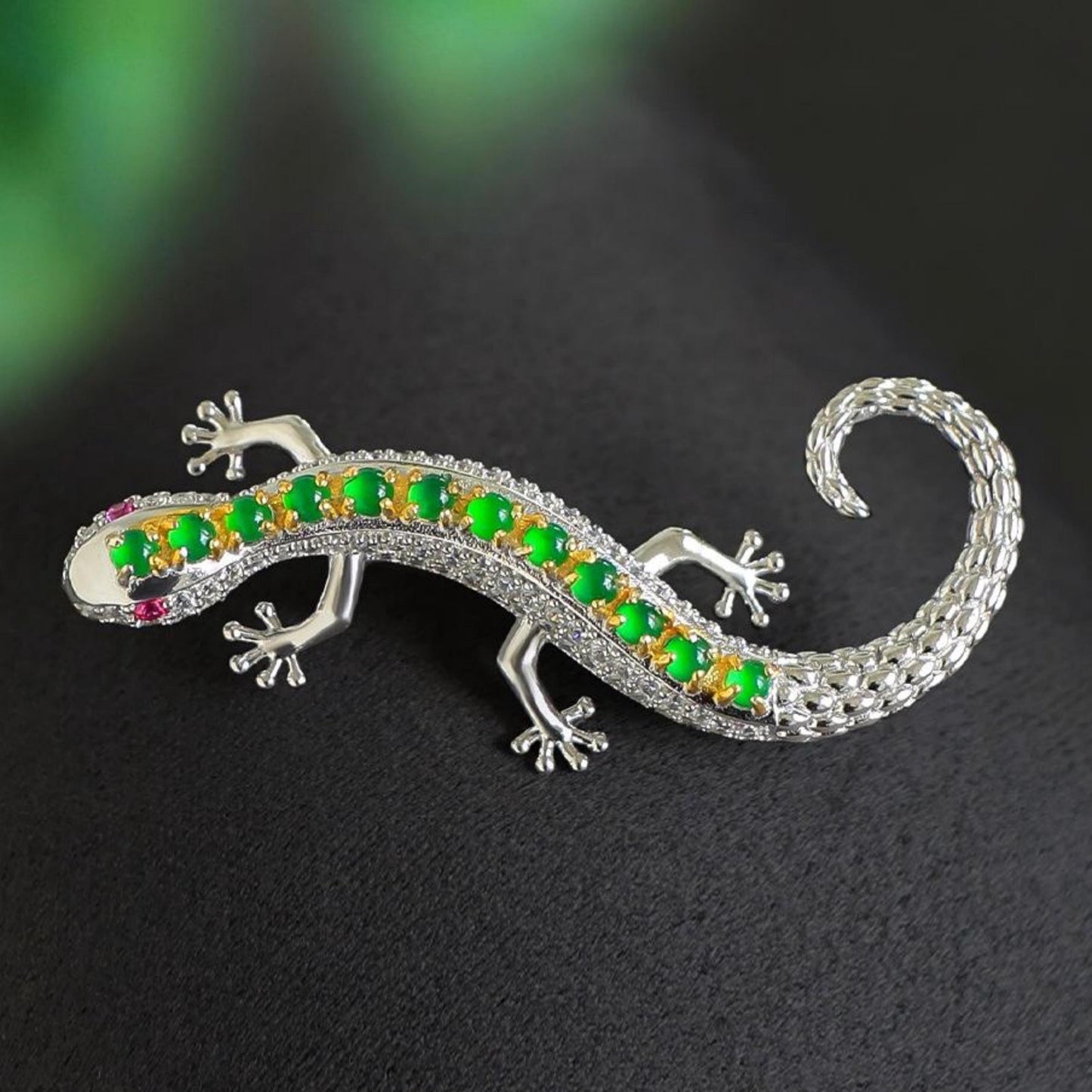 Genuine jadeite Lizard brooch/Sterling 925-Silver green jade brooch/Customize gift box/anniversary gift/pet Lizard love/Lizard pendant gift