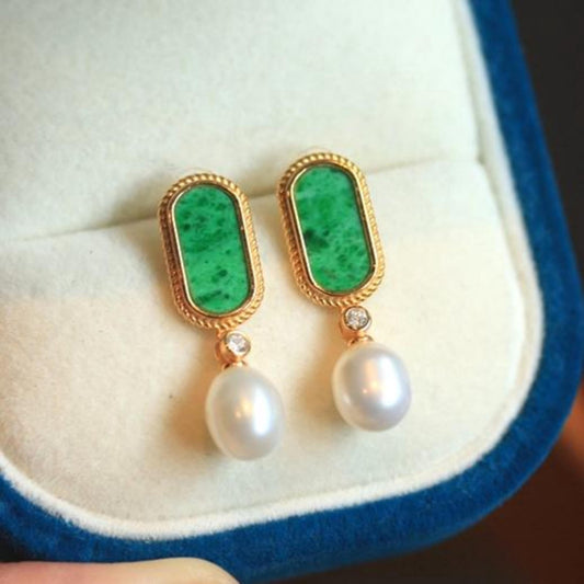 Natural green jadeite dangle Earrings with pearl/Sterling 925-Silver 18KGold-Plated jade drop/Customize gift box/unique pearl earrings gift