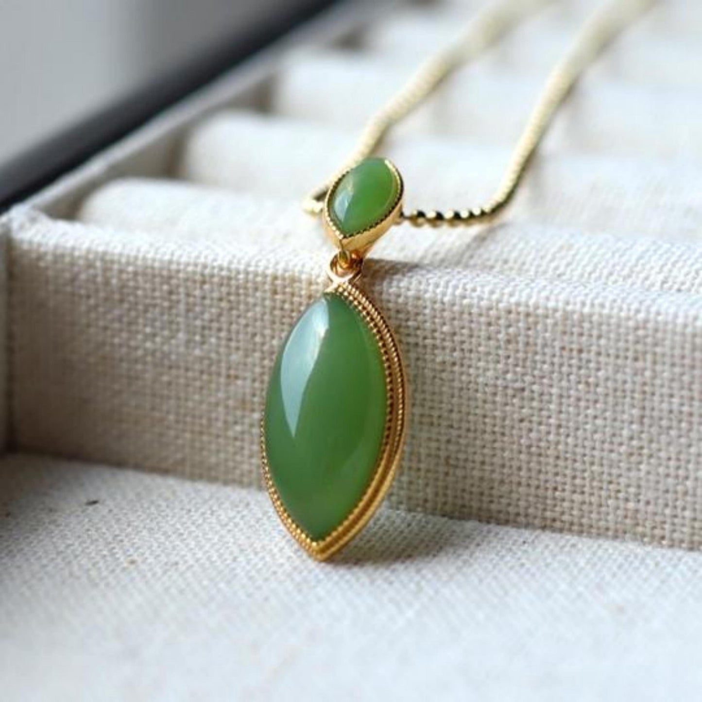 Natural green jade pendant/Sterling 925Silver 18KGold-Plated marquise jade pendant/Customize gift box/anniversary retro raw jade pendant