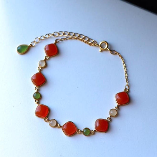 Natural red agate bracelet/Sterling 925Silver 18KGold-Plated agate  bracelet with green jade/Customize gift box/anniversary bracelet gift