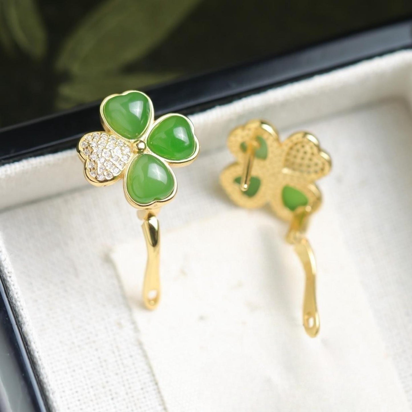 Natural green jade hoop Earrings/Sterling 925-Silver Gold-Plated Four-leaf clover jade hoops/Customize gift box/anniversary gift for her