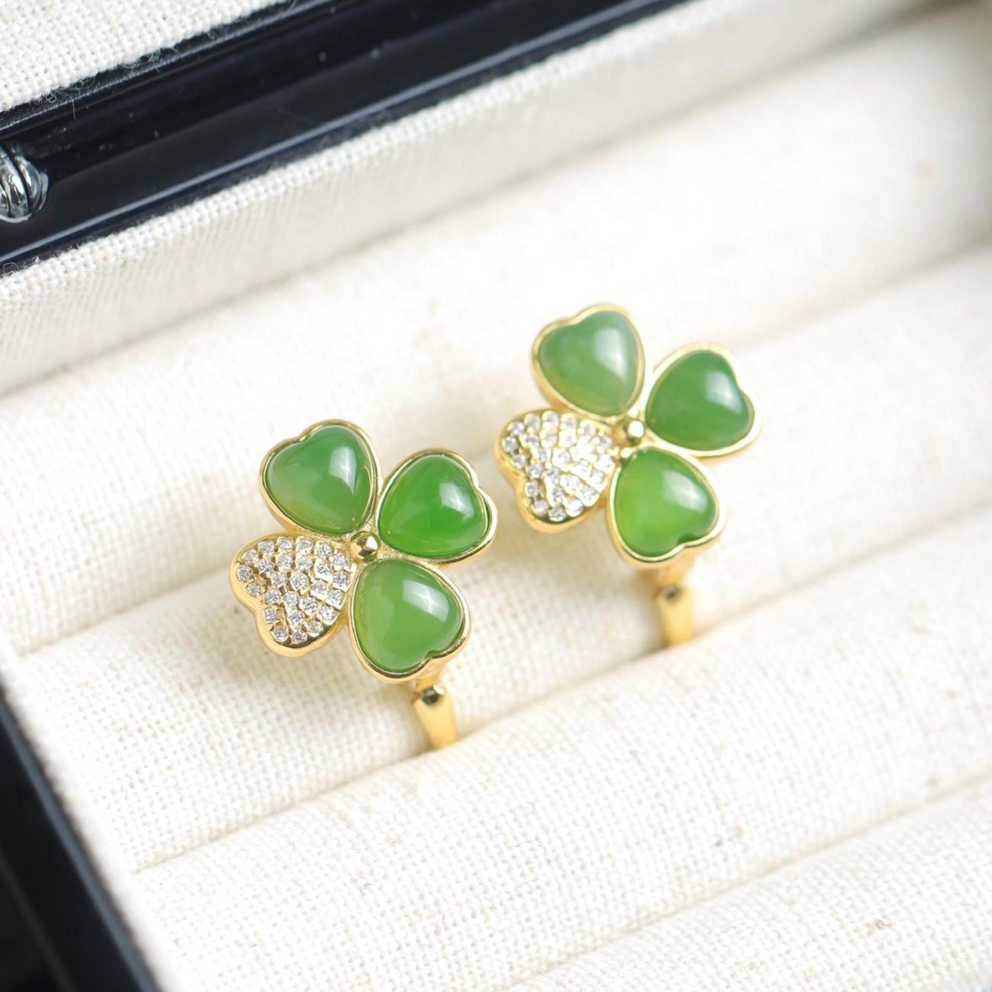 Natural green jade hoop Earrings/Sterling 925-Silver Gold-Plated Four-leaf clover jade hoops/Customize gift box/anniversary gift for her