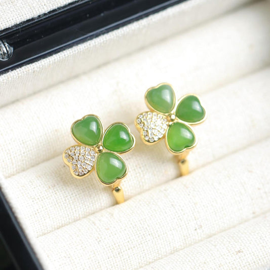 Natural green jade hoop Earrings/Sterling 925-Silver Gold-Plated Four-leaf clover jade hoops/Customize gift box/anniversary gift for her