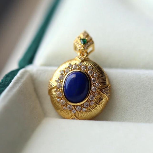 Natural Lapis lazuli pendant/Sterling 925Silver 18KGold-Plated oval Lapis lazuli pendant/Customize gift box/anniversary retro pendant silver