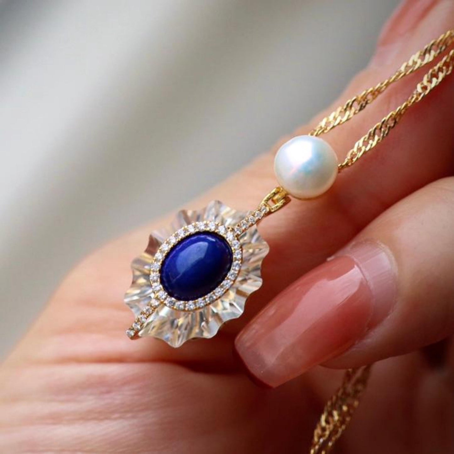 Natural Lapis lazuli pendant with White crystal/Sterling 925Silver 18KGold-Plated oval Lapis lazuli pendant/Customize gift box/anniversary