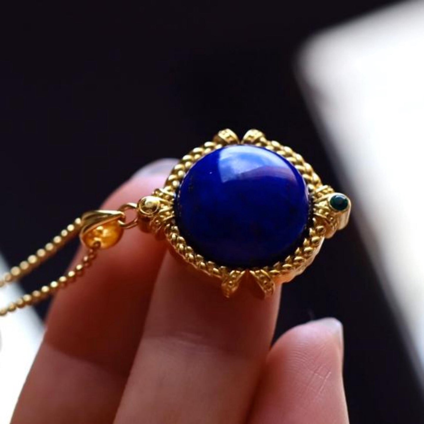 Genuine Lapis lazuli pendant/Sterling 925Silver 18KGold-Plated round Lapis lazuli pendant/Customize gift box/anniversary gift/retro pendant