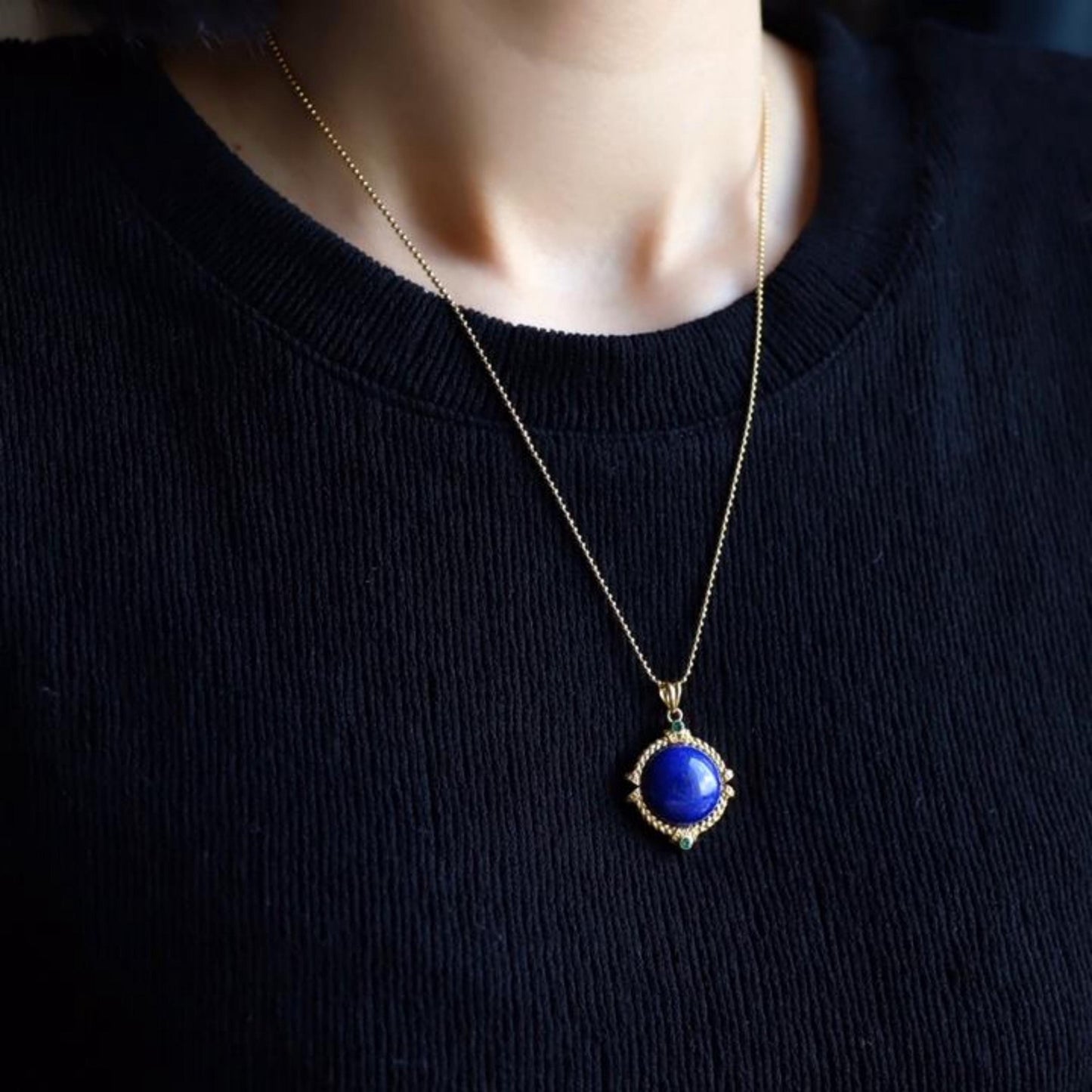 Genuine Lapis lazuli pendant/Sterling 925Silver 18KGold-Plated round Lapis lazuli pendant/Customize gift box/anniversary gift/retro pendant