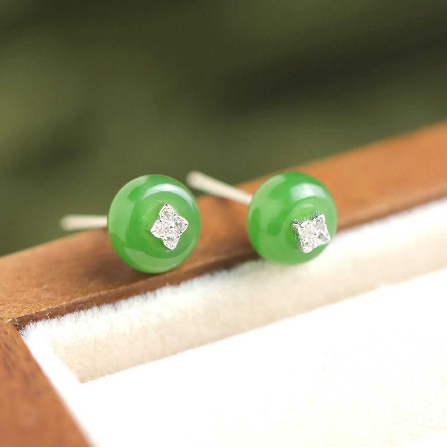 Natural green jade Stud Earrings /Sterling 925-Silver 18KGold-Plated round jade Studs/Customize gift box/anniversary gift/gift for wife