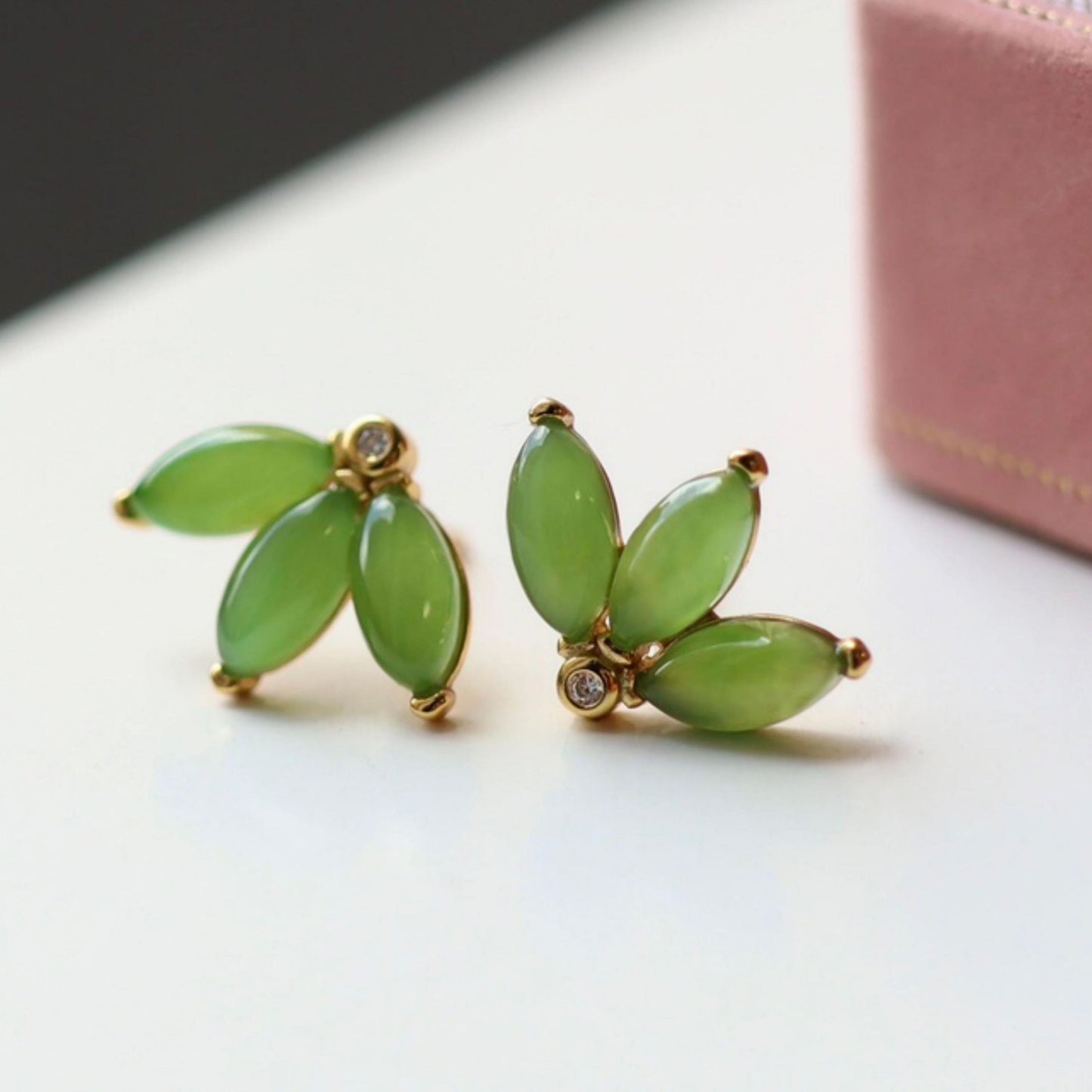 Natural green jade Stud Earrings /Sterling 925Silver 18K Gold-Plated jade Studs/Customize gift box/genuine jade earrings/anniversary gift (Copy)