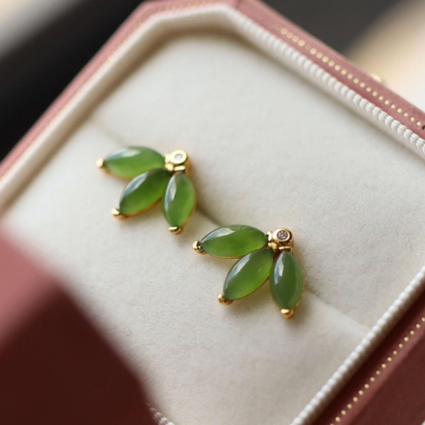 Natural green jade Stud Earrings /Sterling 925Silver 18K Gold-Plated jade Studs/Customize gift box/genuine jade earrings/anniversary gift (Copy)