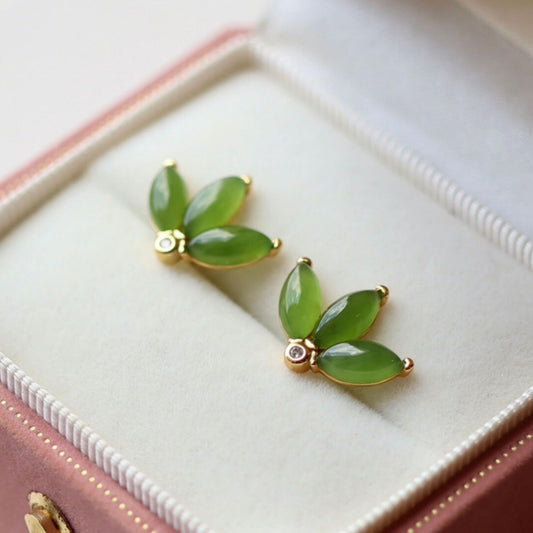 Natural green jade Stud Earrings /Sterling 925Silver 18K Gold-Plated jade Studs/Customize gift box/genuine jade earrings/anniversary gift (Copy)