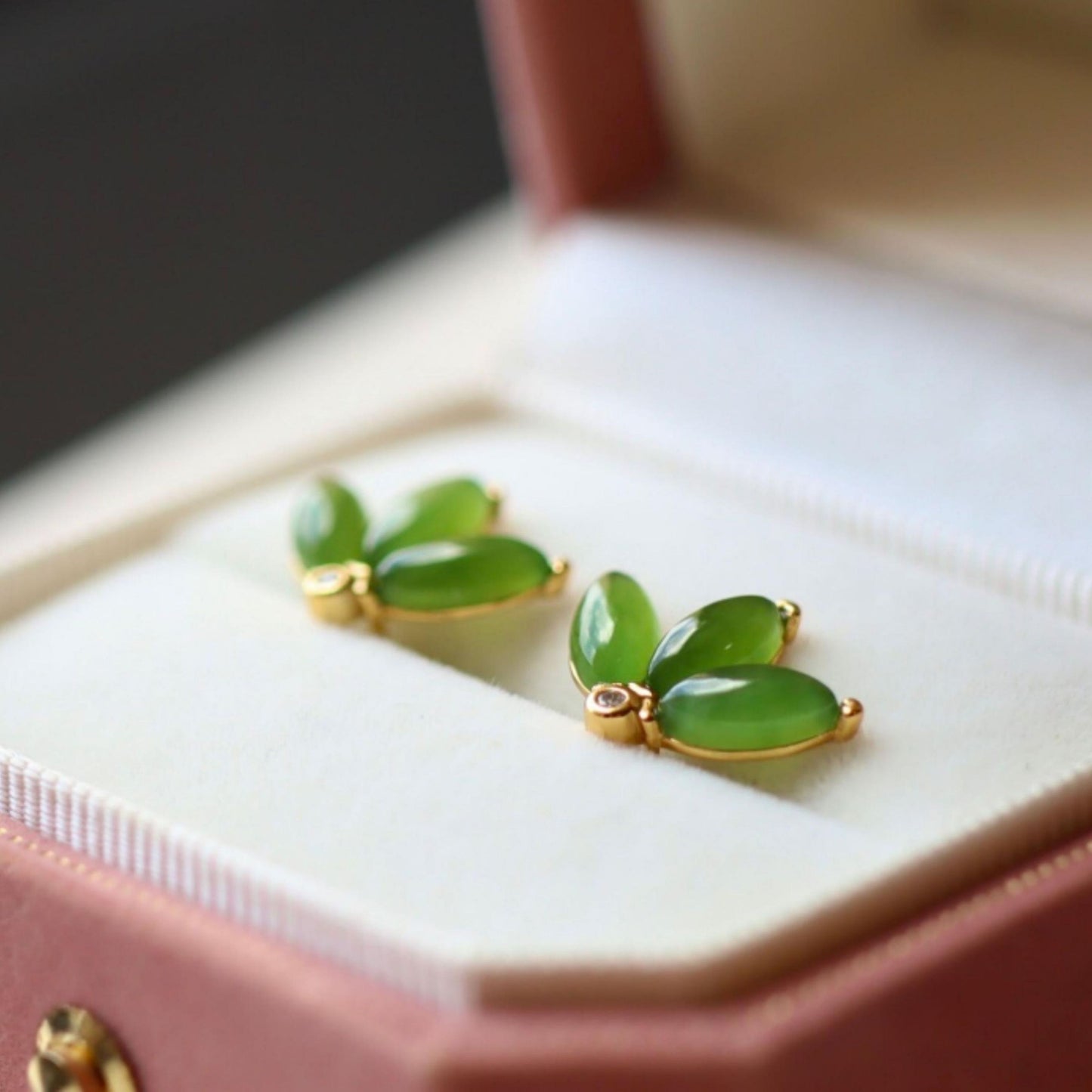 Natural green jade Stud Earrings /Sterling 925Silver 18K Gold-Plated jade Studs/Customize gift box/genuine jade earrings/anniversary gift (Copy)