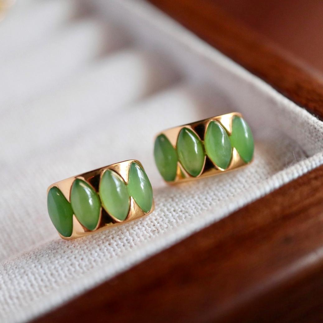 Natural green jade Stud Earrings /Sterling 925Silver 18K Gold-Plated jade Studs/Customize gift box/genuine jade earrings/anniversary gift