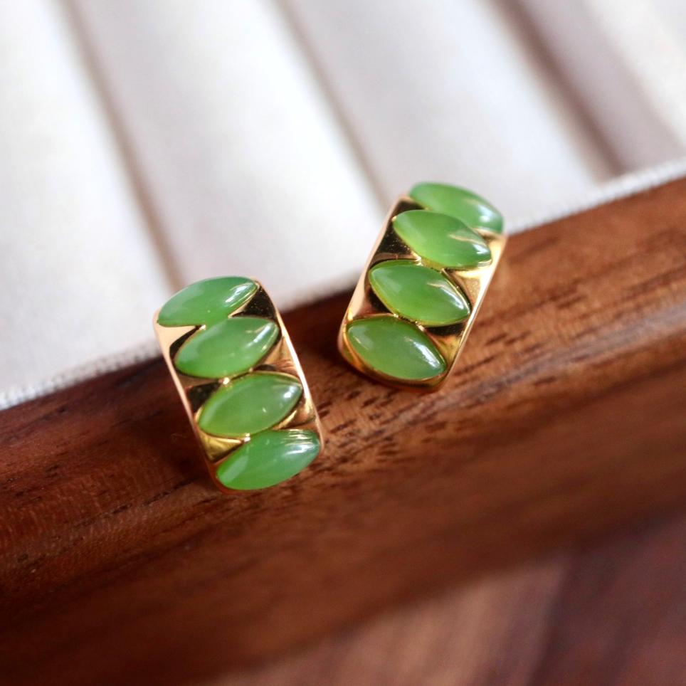 Natural green jade Stud Earrings /Sterling 925Silver 18K Gold-Plated jade Studs/Customize gift box/genuine jade earrings/anniversary gift