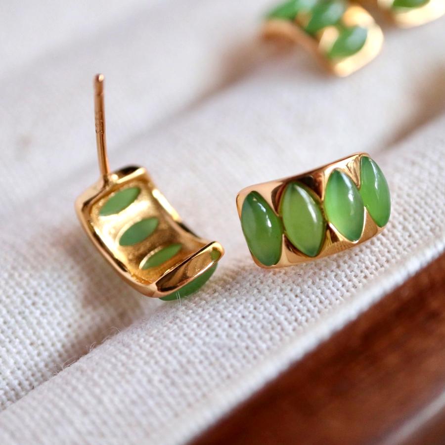 Natural green jade Stud Earrings /Sterling 925Silver 18K Gold-Plated jade Studs/Customize gift box/genuine jade earrings/anniversary gift