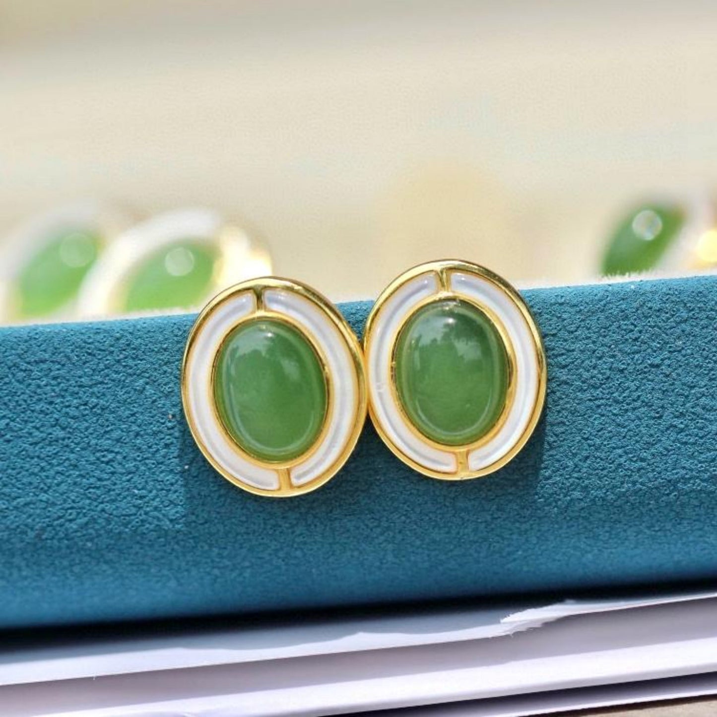 Natural green jade Stud Earrings /Sterling 925Silver 18K Gold-Plated jade Studs with Mother of Pearl/Customize gift box/anniversary gift