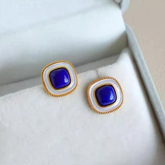 Natural Lapis lazuli Stud Earrings/Sterling 925 Silver Gold-Plated Klein blue Lapis lazuli Studs in Mother of Pearl/Customize gift box