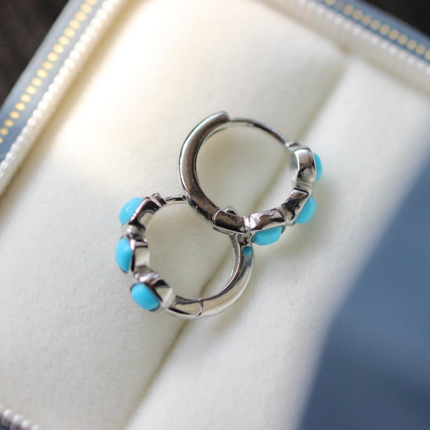 Genuine Turquoise hoop Earrings /Sterling 925Silver 18K Gold-Plated Turquoise hoops/Customize gift box/December birthstone gift/retro hoops