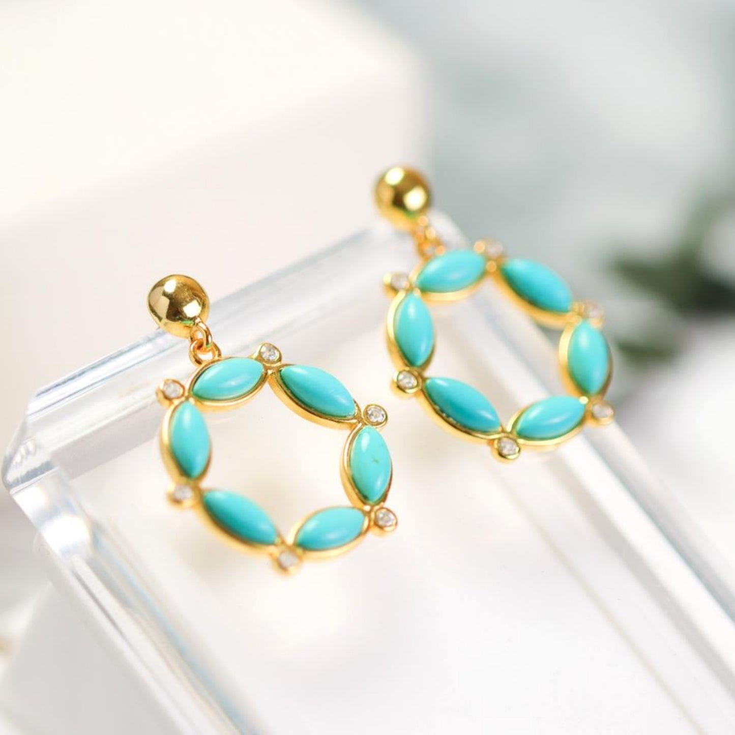 Genuine Turquoise dangle Earrings /Sterling 925Silver 18K Gold-Plated Turquoise drops/Customize gift box/December birthstone gift/flower