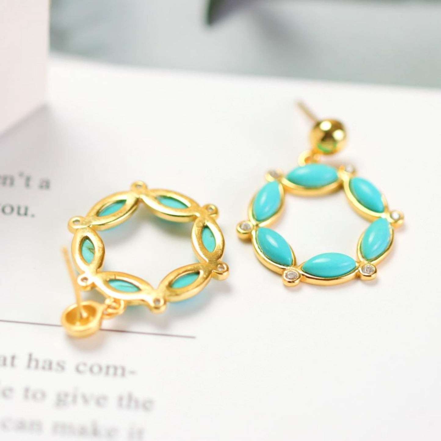 Genuine Turquoise dangle Earrings /Sterling 925Silver 18K Gold-Plated Turquoise drops/Customize gift box/December birthstone gift/flower