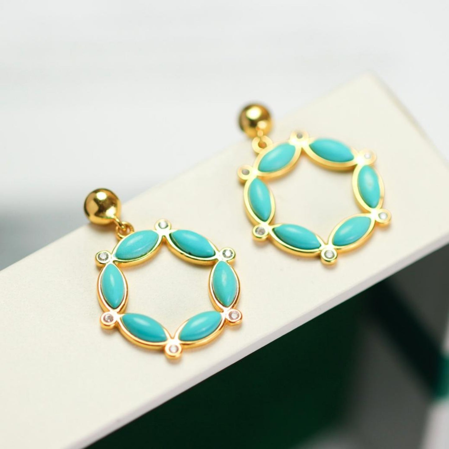 Genuine Turquoise dangle Earrings /Sterling 925Silver 18K Gold-Plated Turquoise drops/Customize gift box/December birthstone gift/flower