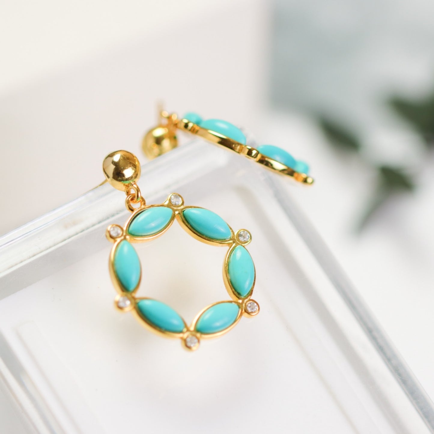 Genuine Turquoise dangle Earrings /Sterling 925Silver 18K Gold-Plated Turquoise drops/Customize gift box/December birthstone gift/flower